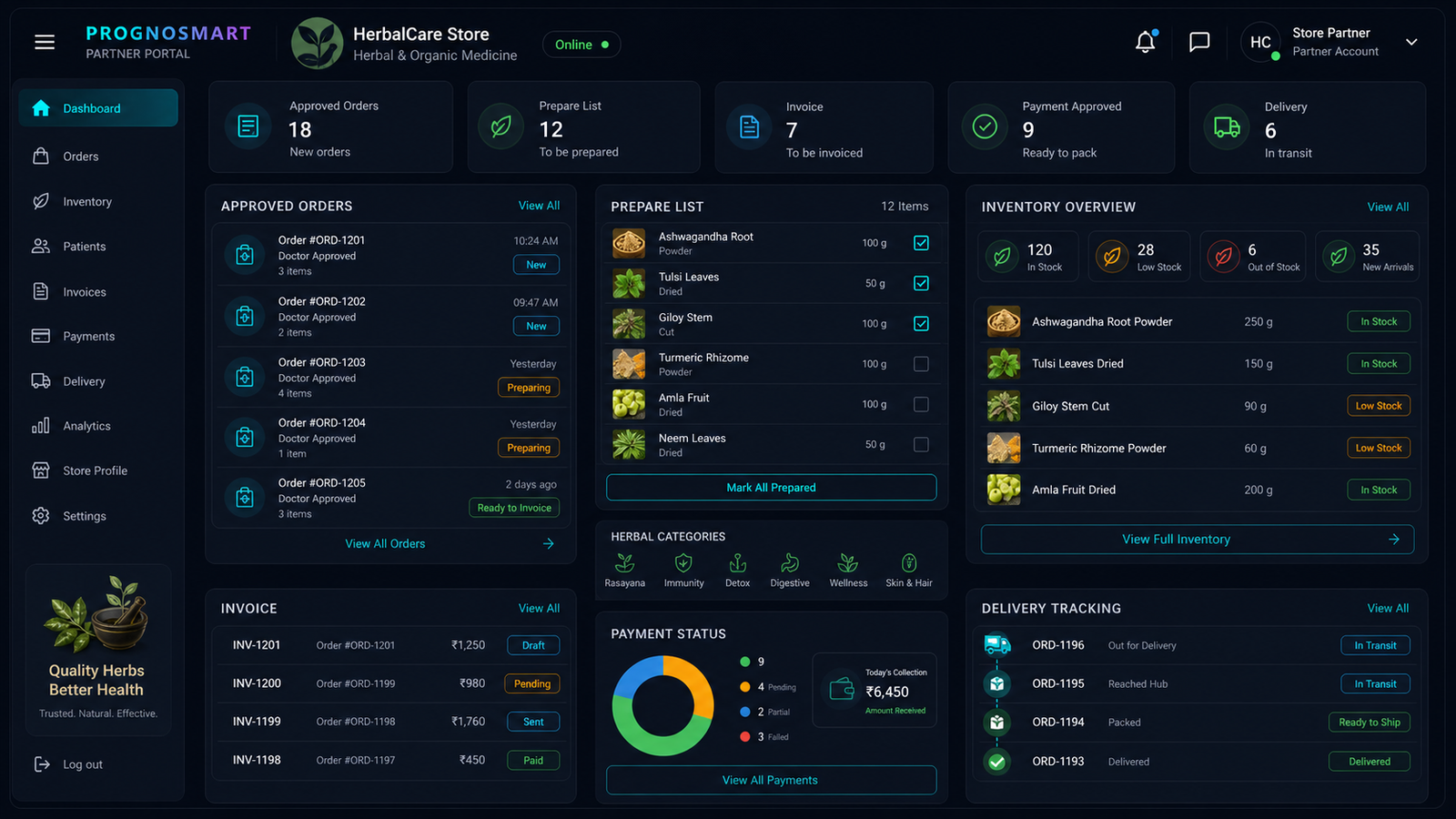 Partner portal for herbal medicine stores managing doctor-approved orders, invoices, payment approval, and delivery