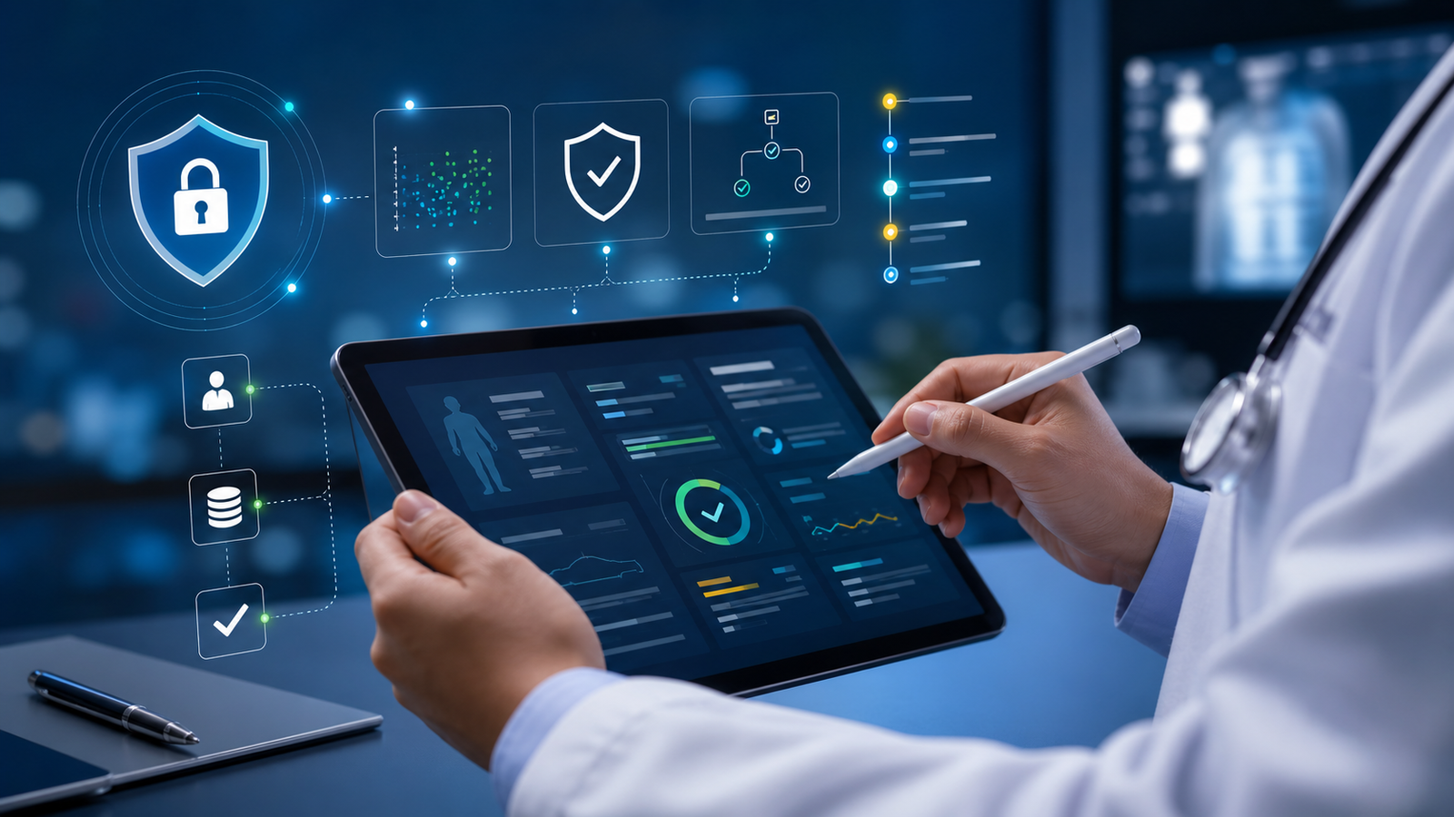 Clinician reviewing secure AI-assisted medical workflow dashboard on a tablet