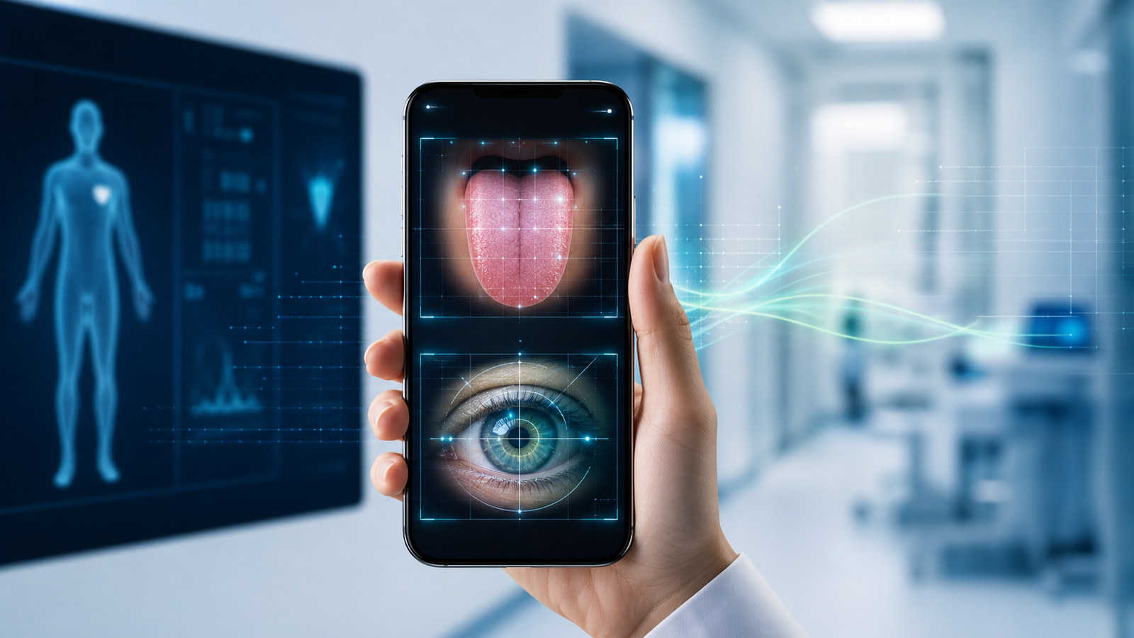 AI health screening app analyzing tongue and eye images in a clinical environment